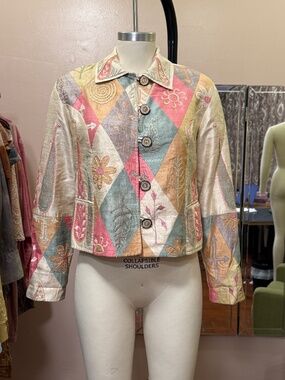 Anage Silk Dupioni Cropped Jacket, Diamond Patchwork Embroidered Beaded, Size M